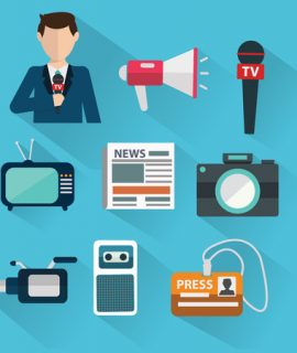 39187001 - news cast journalism television radio press conference concept, vector illustration. icons set in flat design style spokesperson, camera, interview, microphone, tv etc